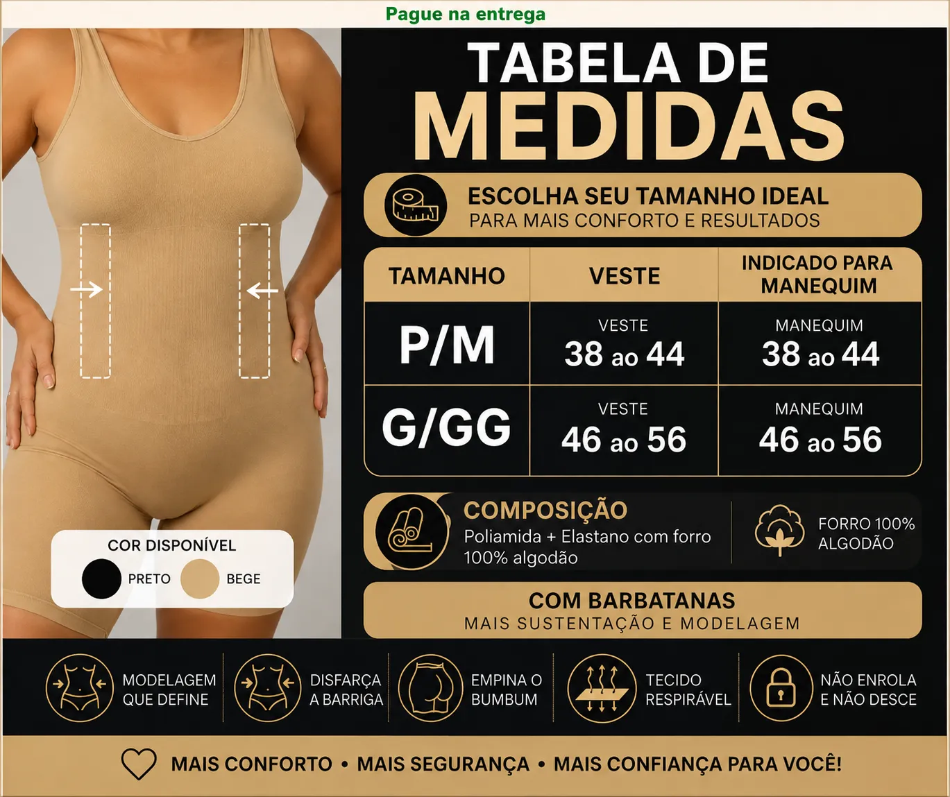 Tabela de medidas do Short Cinta Modeladora para os tamanhos P, M, G e GG